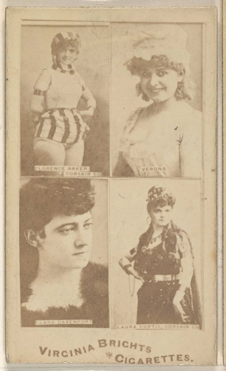 Florence Baker, Corsair Co./ Verona/ Clara Davenport/ Laura Curtis, Corsair Co., from the Actors and Actresses series (N45, Type 4) for Virginia Brights Cigarettes — Allen & Ginter