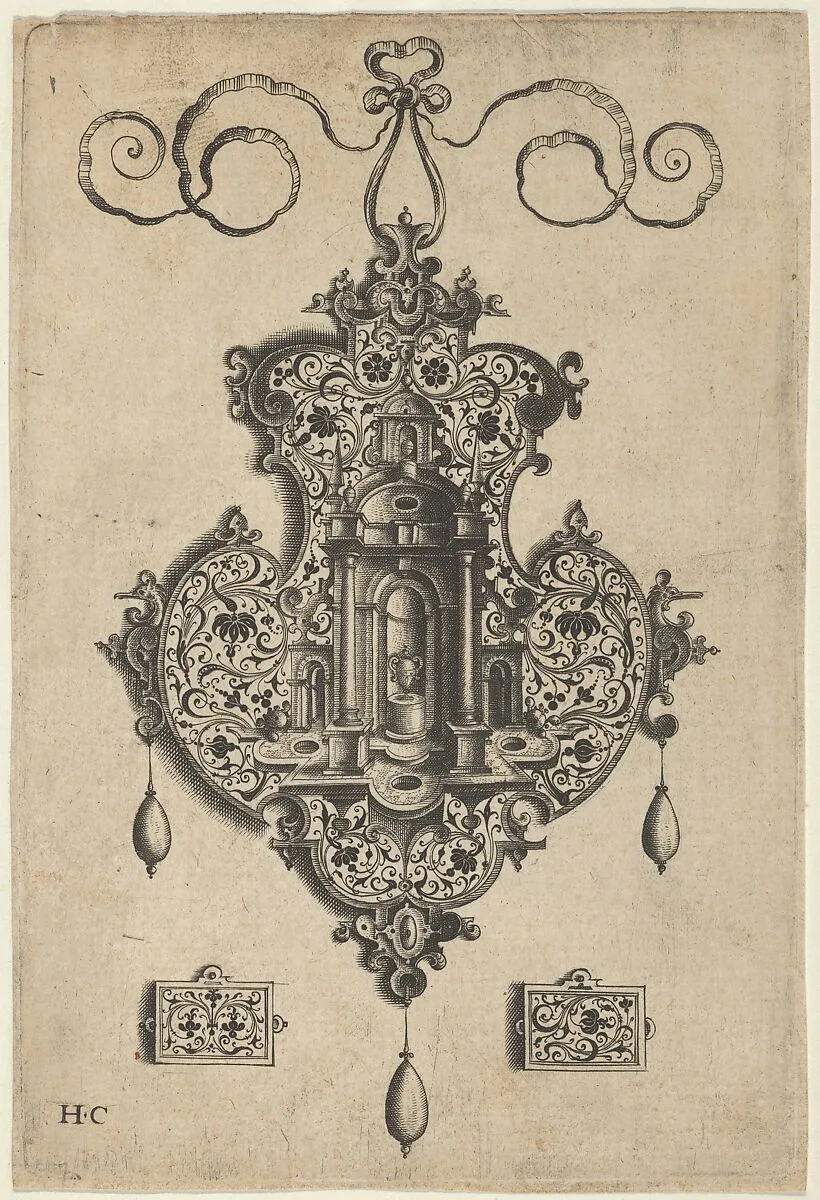 Pendant Design with Niche and a Vase with Two Handles Above Rectangular Ornaments — Jan Collaert I|Hans Liefrinck