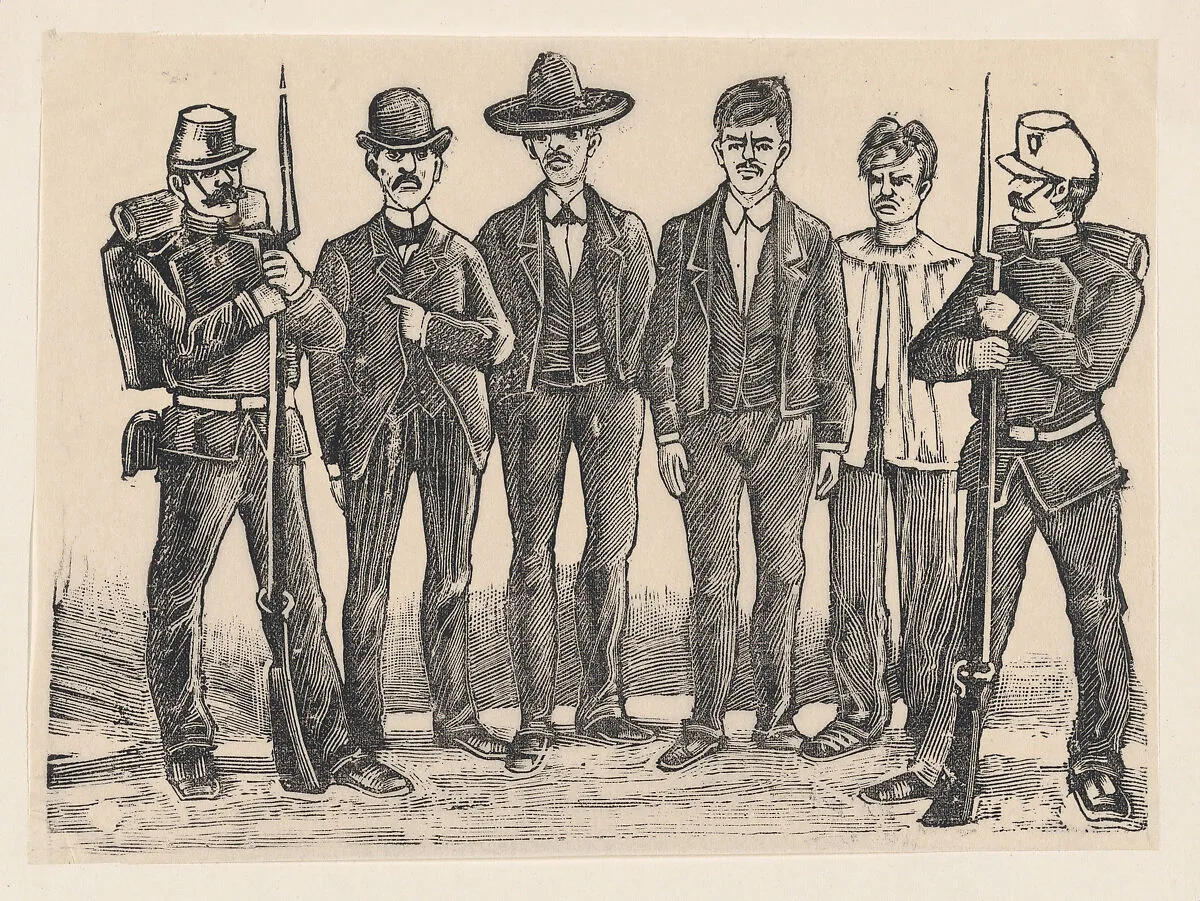 Four criminals standing in a line flanked by officers, relating to the impending executions of Luis Izaguirre, Bruno Martinez, Francisco Guerrero, and Alberto Fernandez, who were connected with a theft at La Profesa — José Guadalupe Posada