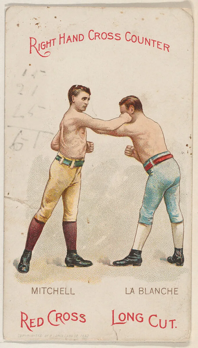 Right Hand Cross Counter, Young Mitchell and George La Blanche, from the Boxing Positions and Boxers series (N266) issued by P. Lorillard Company to promote Red Cross Long Cut Tobacco — P. Lorillard Company|H.A. Thomas & Wylie Lithographer Co., New York