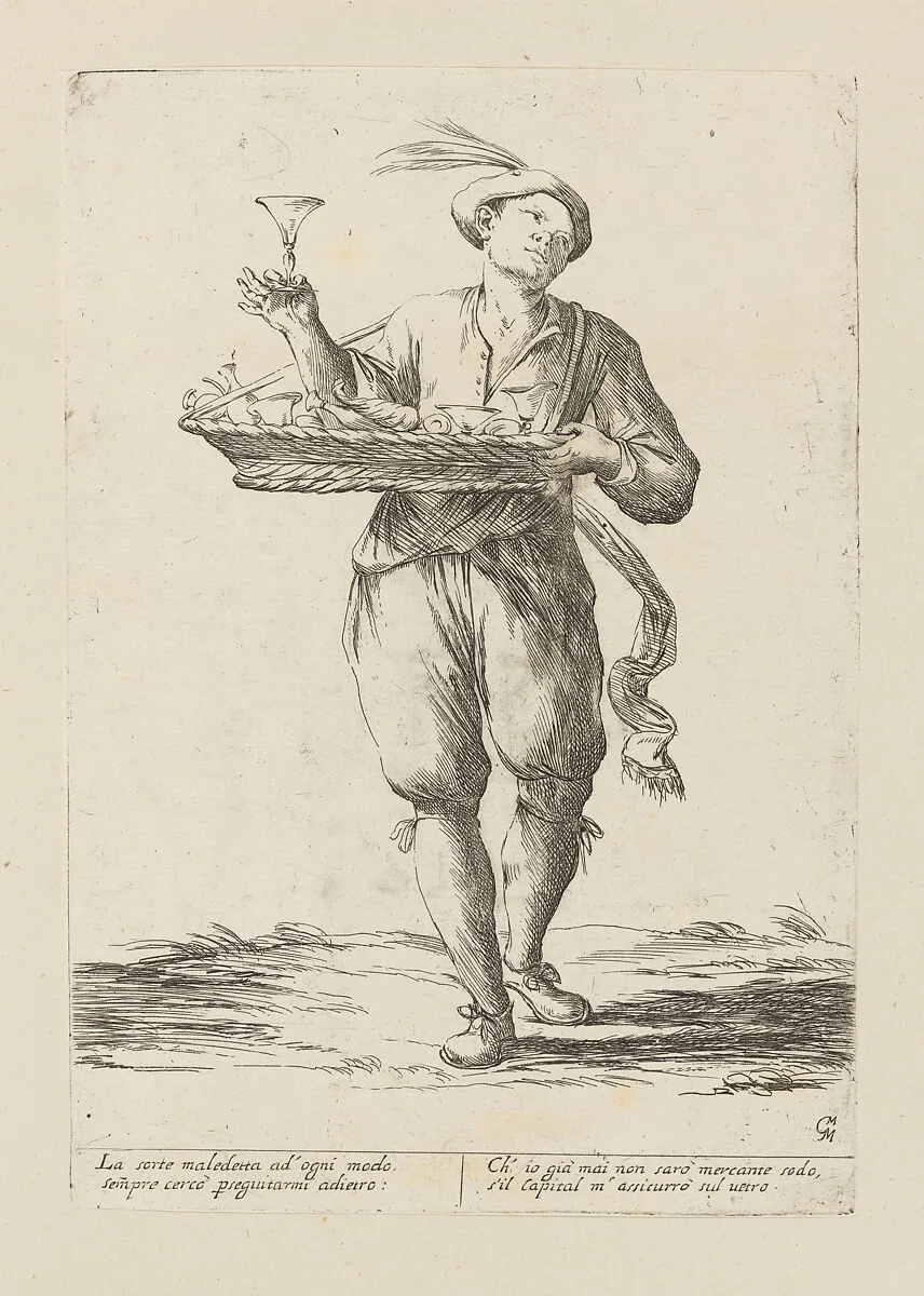 Vendor of Glassware, from Di Bologna l'Arti per via D'An.ibal' Ca.rac, plate 19 — Giuseppe Maria Mitelli|Annibale Carracci|Giovanni Giacomo De Rossi