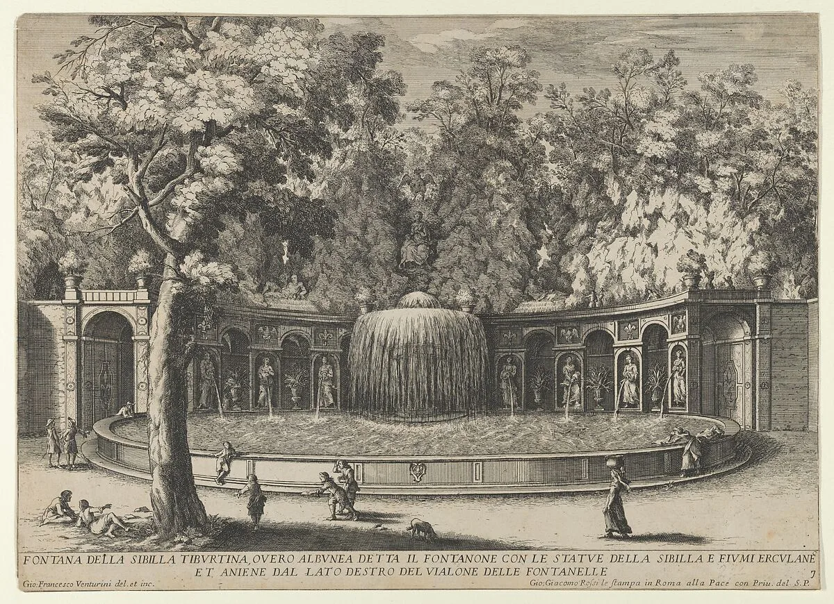 Book IV, plate 7: the fountain of the Tiburtine sibyl in the garden at Villa d'Este, Tivoli, from the series 'The fountains of the Este garden in Tivoli' (Le fontane del Giardino Estense in Tivoli) — Giovanni Francesco Venturini|Giovanni Giacomo De Rossi