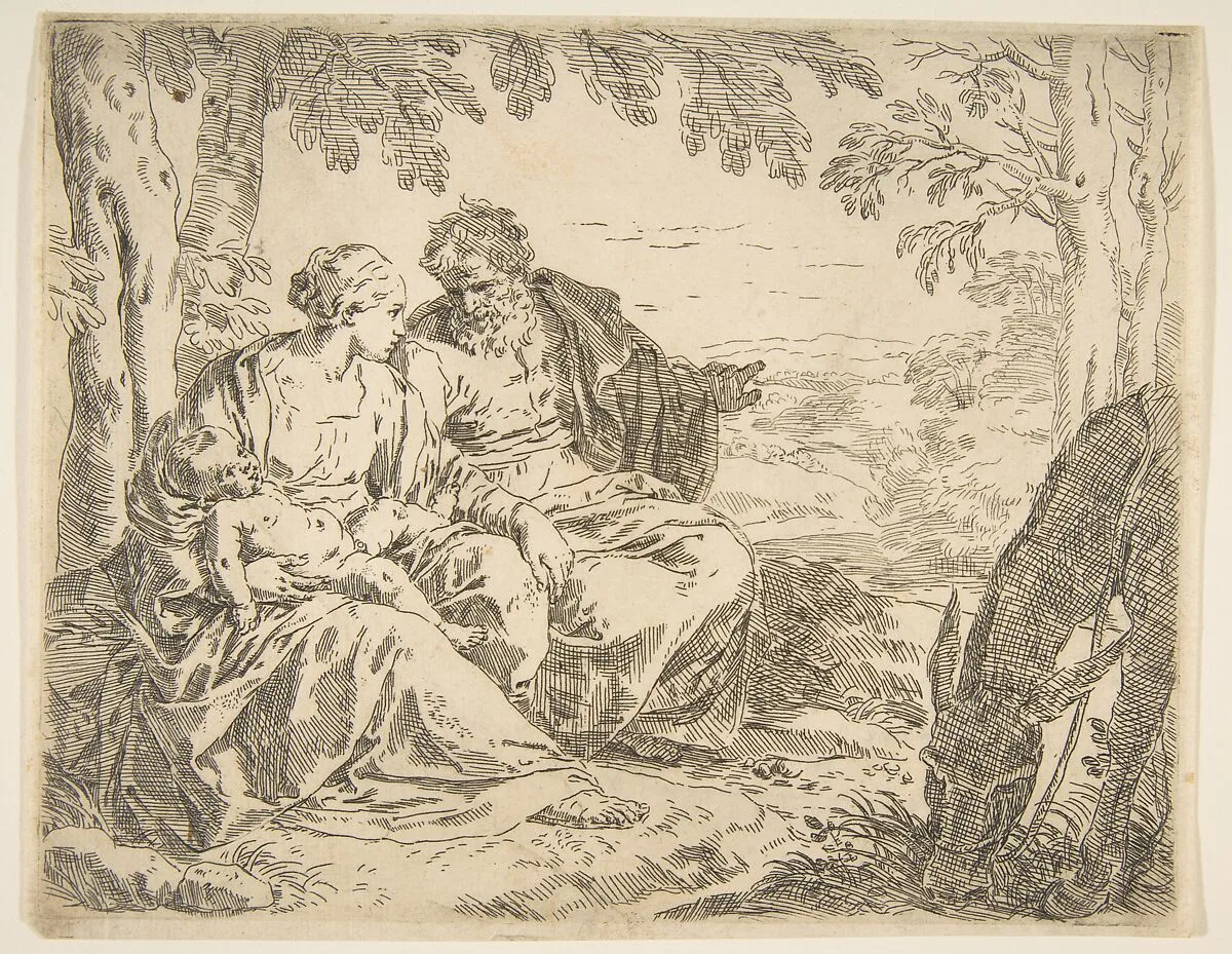 Rest on the flight into Egypt, Mary holding the infant Christ while St. Joseph points into the distance — Simone Cantarini