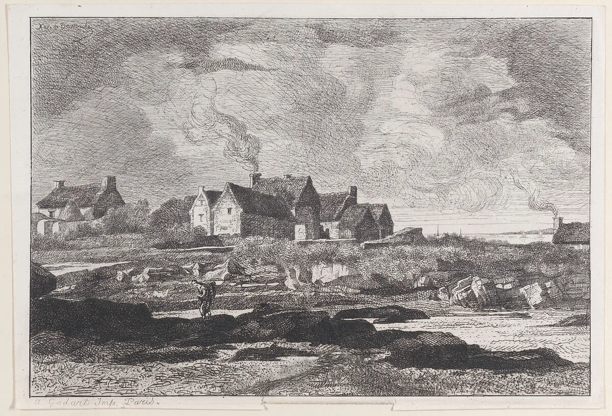 Country landscape with a river running at right and houses in the background — Alfred Cadart|Xavier de Dananche