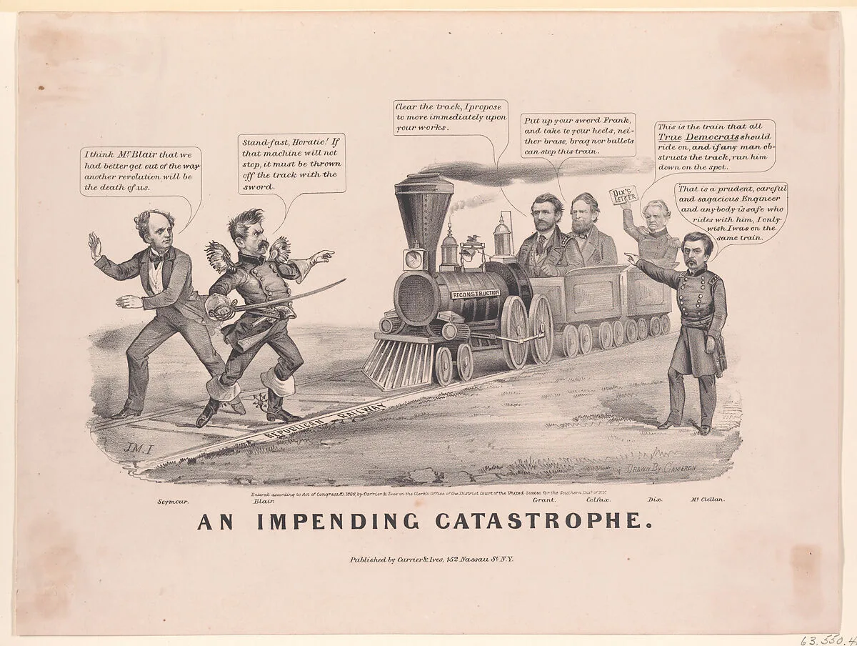 An Impending Catastrophe — Ulysses S. Grant|John Cameron|John Adams Dix|Horatio Seymour|James Merritt Ives|Schulyer Colfax Jr.|Currier & Ives|Francis Preston Blair Jr.