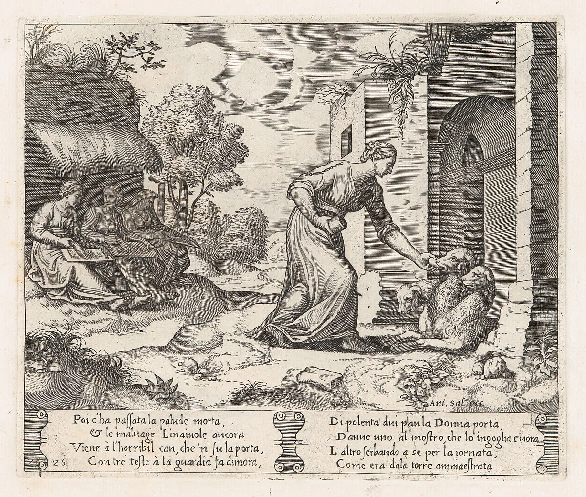 Plate 26: Psyche enters the underworld giving an offering to Cerberus, with two elderly women at left, from "The Story of Cupid and Psyche as told by Apuleius" — Antonio Salamanca|Master of the Die|Michiel Coxie (I)