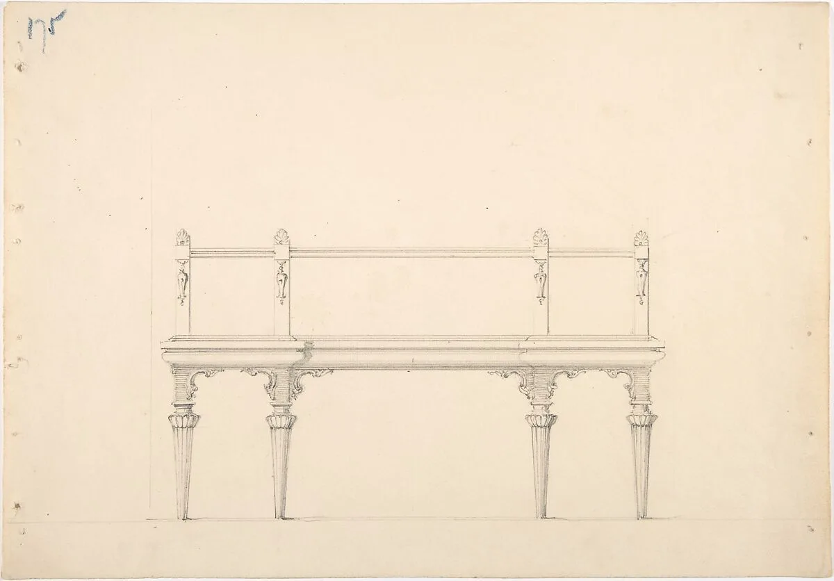 Design for a Mirrored Sideboard with Diminishing Columnar Legs and Classical Ornament — Anonymous, British, 19th century