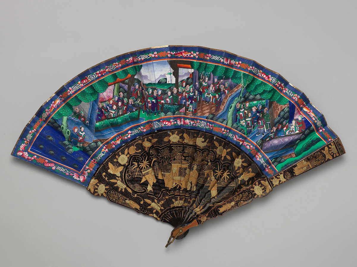 Folding Fan with Scene of Figures in a Courtyard Garden — Unknown