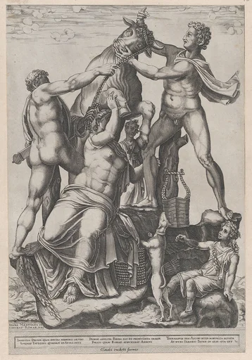 Speculum Romanae Magnificentiae: Amphion and Zethus Tying Dirce to a Wild Bull [The Farnese Bull]