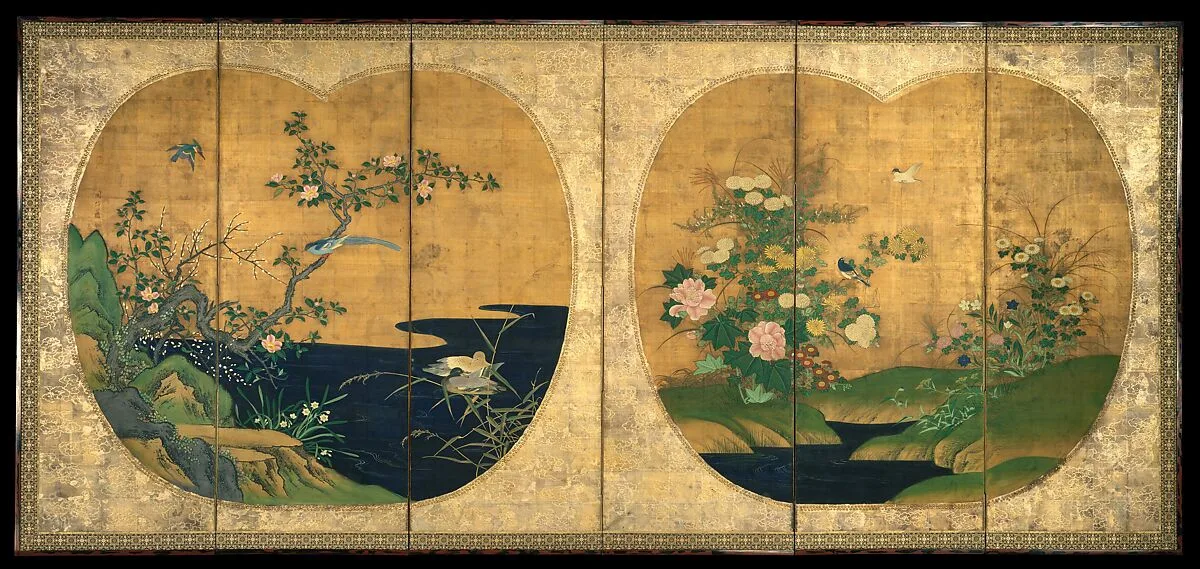 狩野周信筆 秋冬花鳥図屏風|Birds and Flowers of Autumn and Winter — Kano Chikanobu