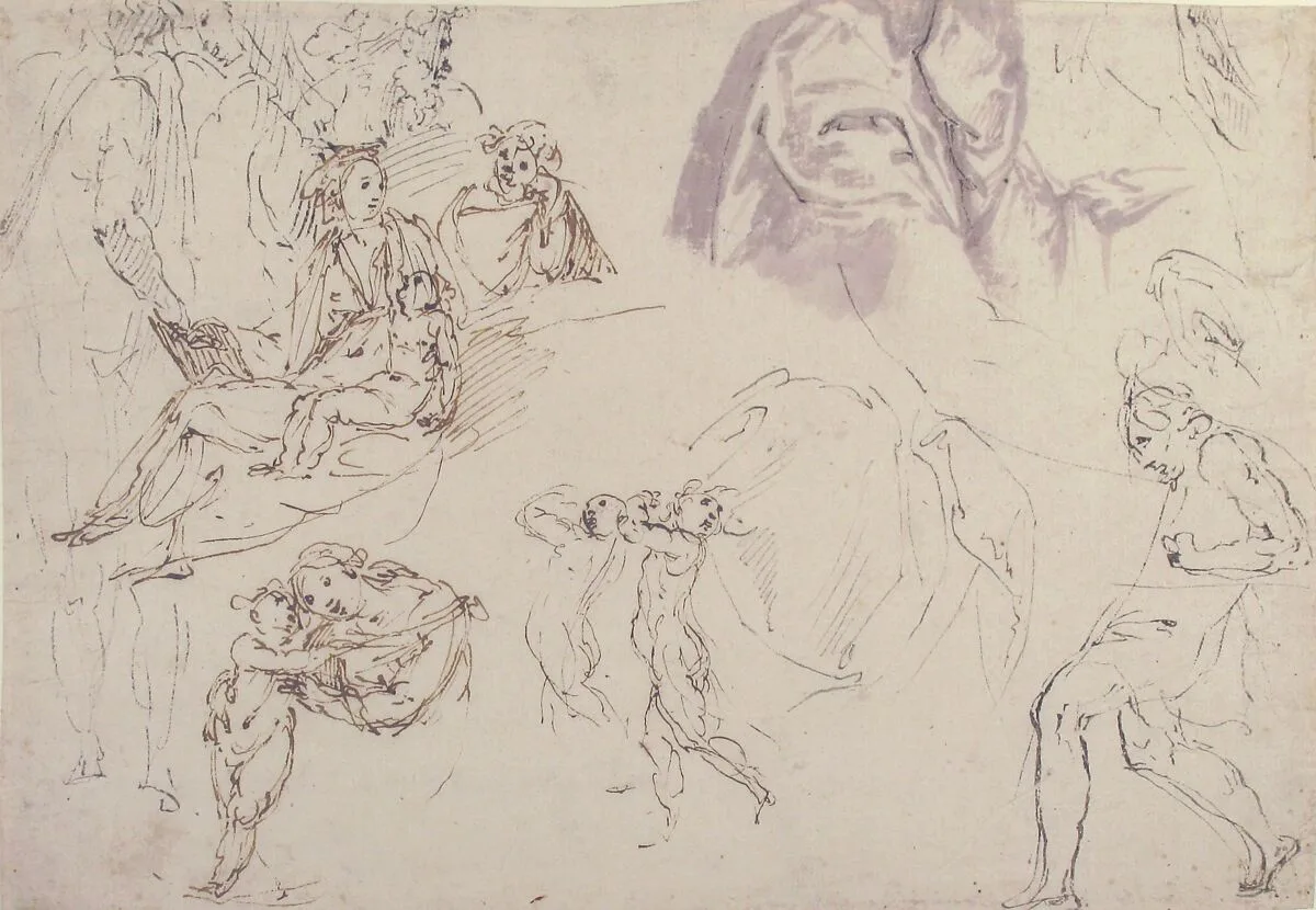 Figure Studies: The Holy Family, a Running or Dancing Child, Drapery Studies — Francesco Curia