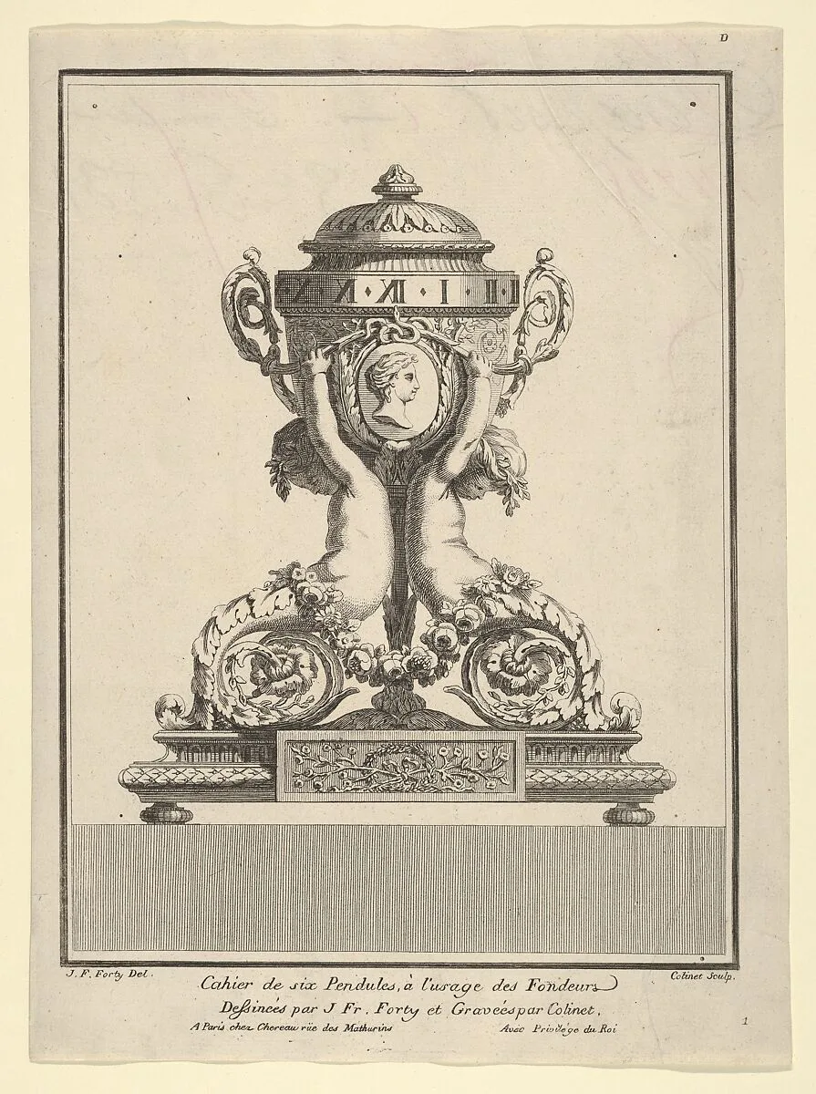 Design for a Clock, Title Page to 'Cahier de six Pendules' — Jacques François Chereau|Jean François Forty|C. Colinet