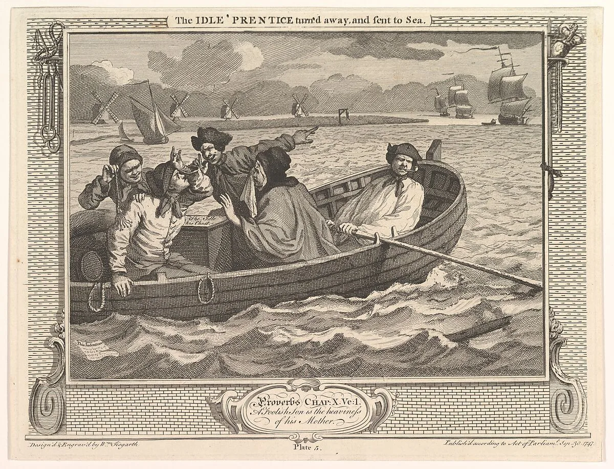 The Idle 'Prentice Turned Away and Sent to Sea (Industry and Idleness, plate 5) — William Hogarth