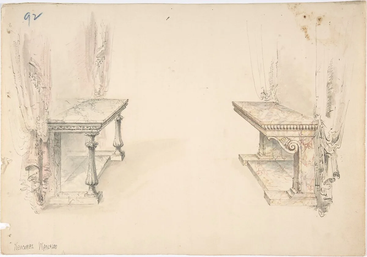Designs for Two Marble Pier Tables with Draperies — Anonymous, British, 19th century