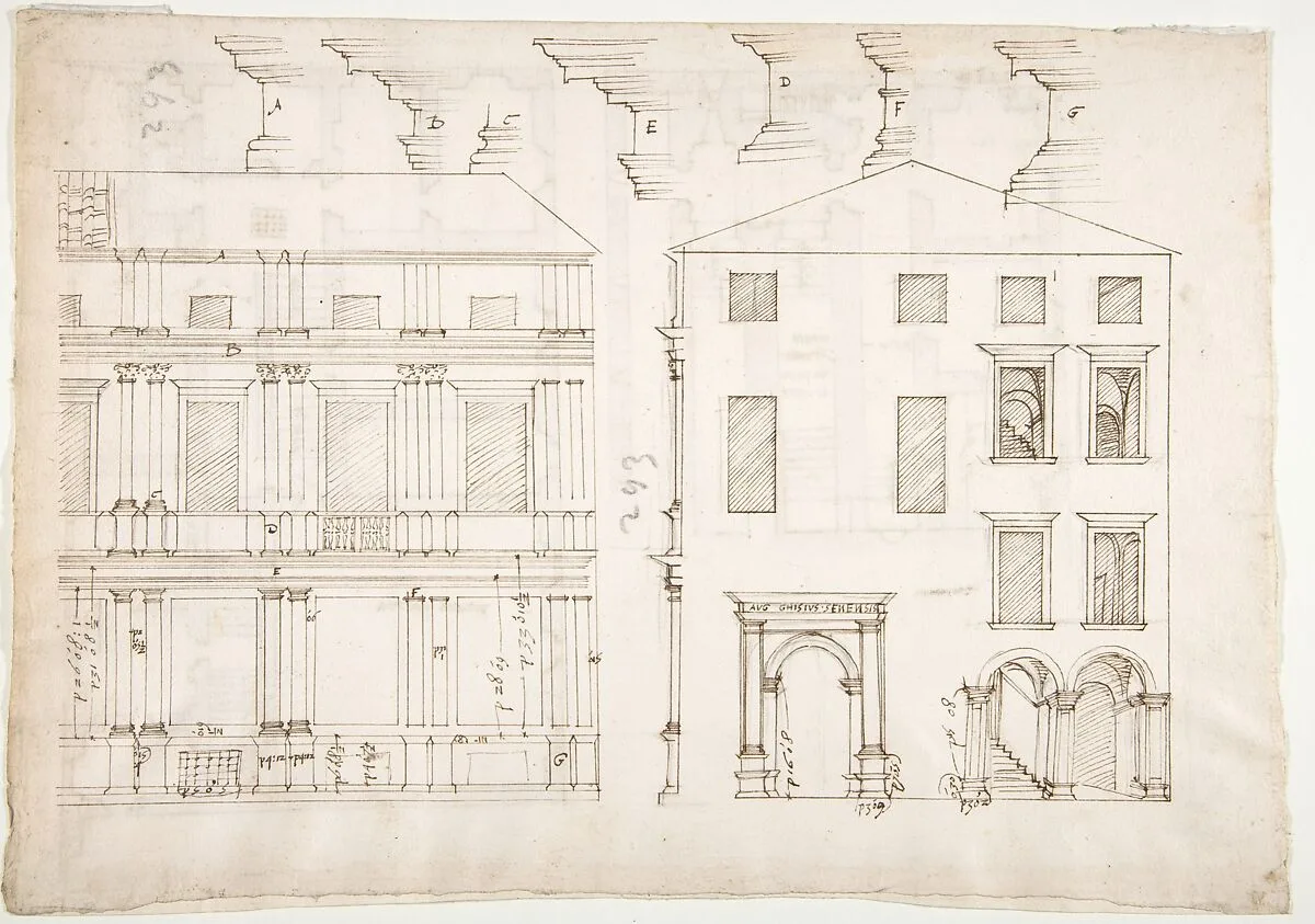 Villa Farnesina, Stables, half front elevation and end elevation (recto) Palazzo Salviati-Adimari, plan (verso) — Anonymous, French, 16th century