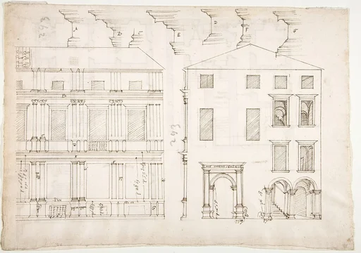 Villa Farnesina, Stables, half front elevation and end elevation (recto) Palazzo Salviati-Adimari, plan (verso)