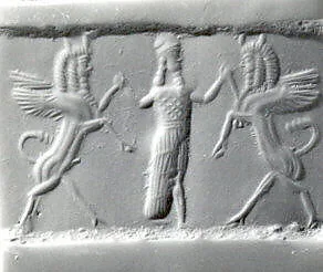 Cylinder seal with three-figure contest scene — Unknown