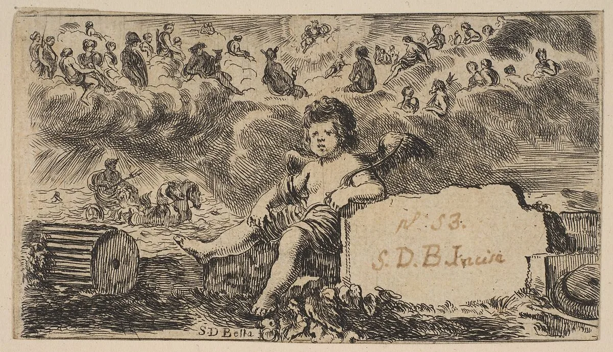 Title page: Cupid, from 'Game of Mythology' (Jeu de la Mythologie) — Stefano della Bella|Jean Desmarets de Saint-Sorlin|Henri Le Gras|Louis XIV, King of France|Cardinal Jules Mazarin