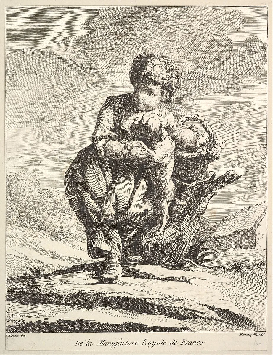 Child with a dog, holding a basket of grapes, from Premier Livre de Figures d'après les porcelaines de la Manufacture Royale de France, inventées en 1757, par Mr. Boucher (First Book of Figures after porcelains from the Manufacture Royale de France, devised in 1757, by Mr. Boucher) — François Boucher|Pierre Etienne Falconet