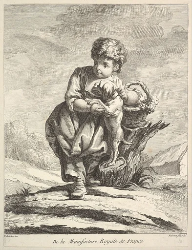 Child with a dog, holding a basket of grapes, from Premier Livre de Figures d'après les porcelaines de la Manufacture Royale de France, inventées en 1757, par Mr. Boucher (First Book of Figures after porcelains from the Manufacture Royale de France, devised in 1757, by Mr. Boucher)