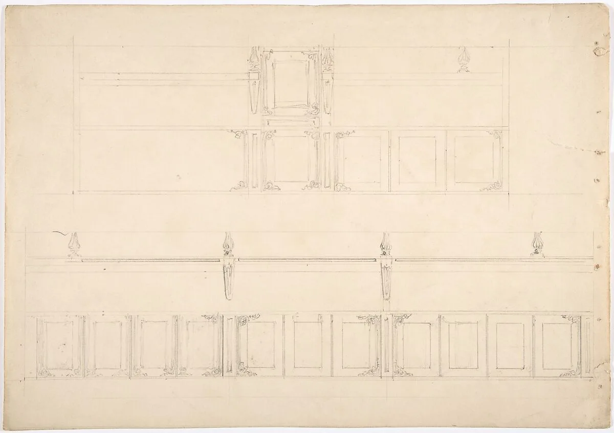 Paneling and Benches (Verso: sketch of a Desk) — Anonymous, British, 19th century