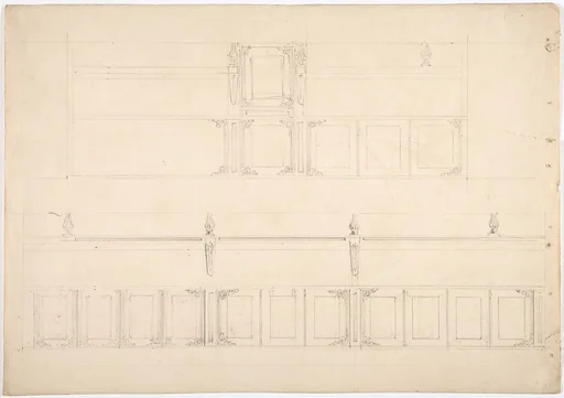 Paneling and Benches (Verso: sketch of a Desk)