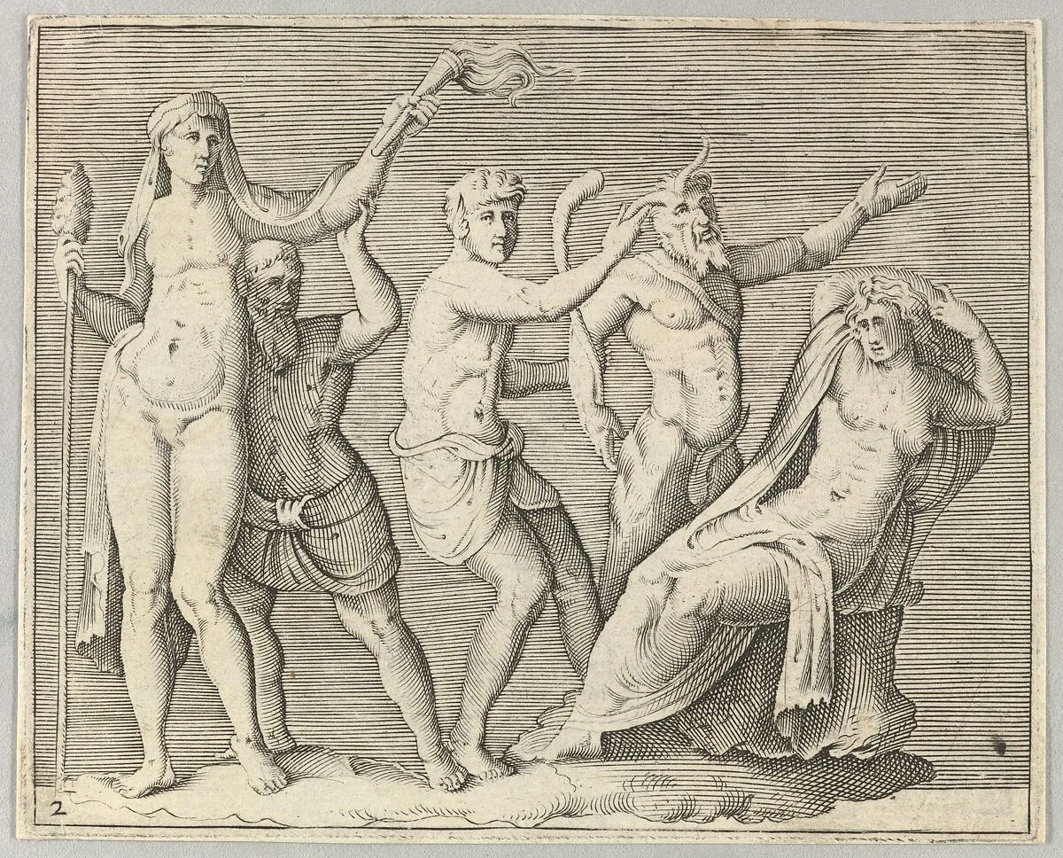 Two Figures, a Faun, and a Satyr approach a Recliniing Woman, from "Ex Antiquis Cameorum et Gemmae Delineata/ Liber Secundus/et ab Enea Vico Parmen Incis" — Enea Vico|Francesco Angeloni|Battista Franco|Philippe Thomassin|Anonymous, Italian, 16th century