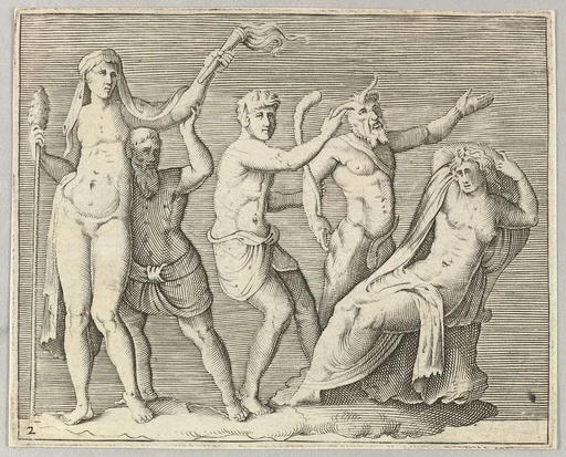 Two Figures, a Faun, and a Satyr approach a Recliniing Woman, from "Ex Antiquis Cameorum et Gemmae Delineata/ Liber Secundus/et ab Enea Vico Parmen Incis"