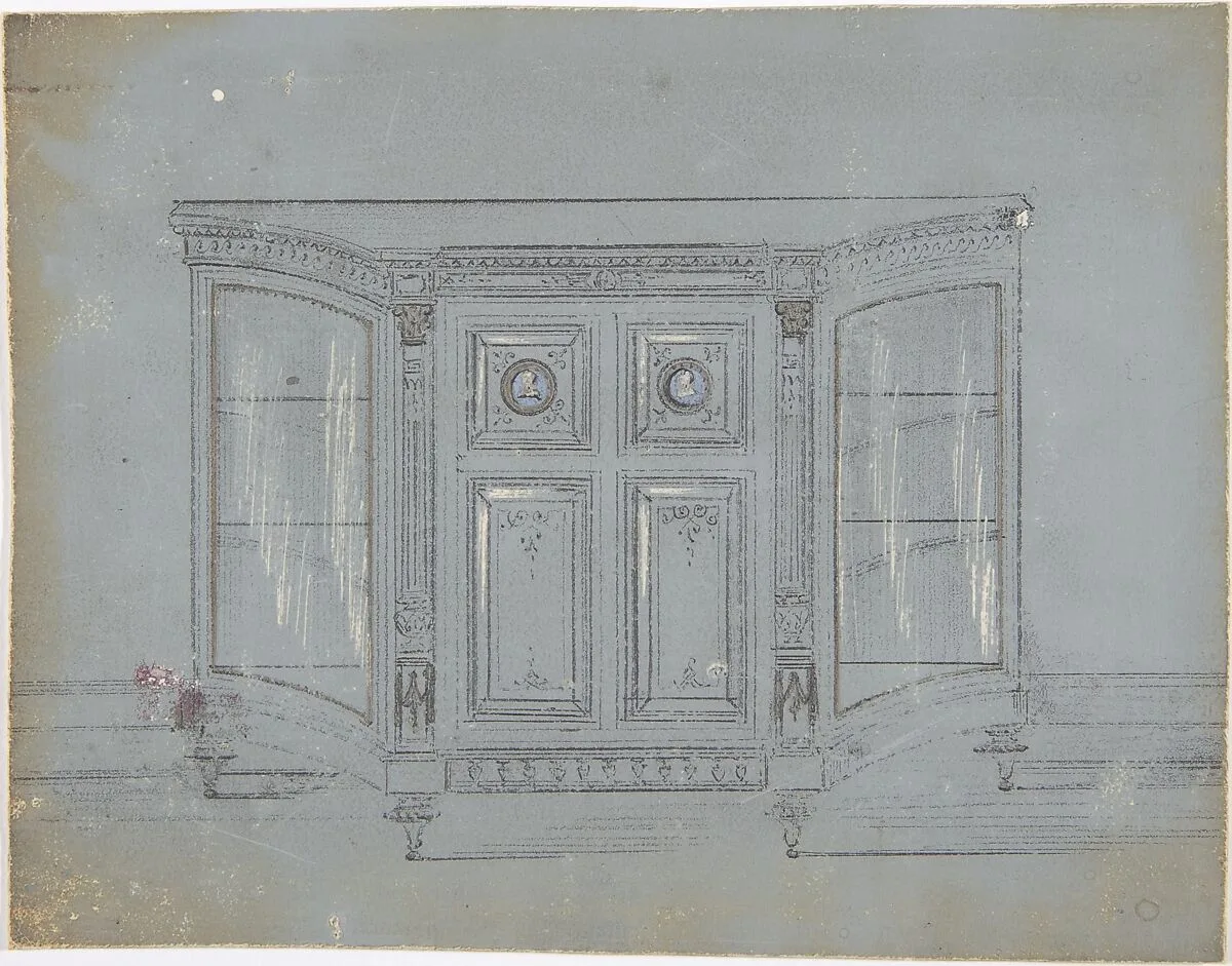 Design for a Cabinet with Glass Side Doors and Porcelain Plaques — Anonymous, British, 19th century