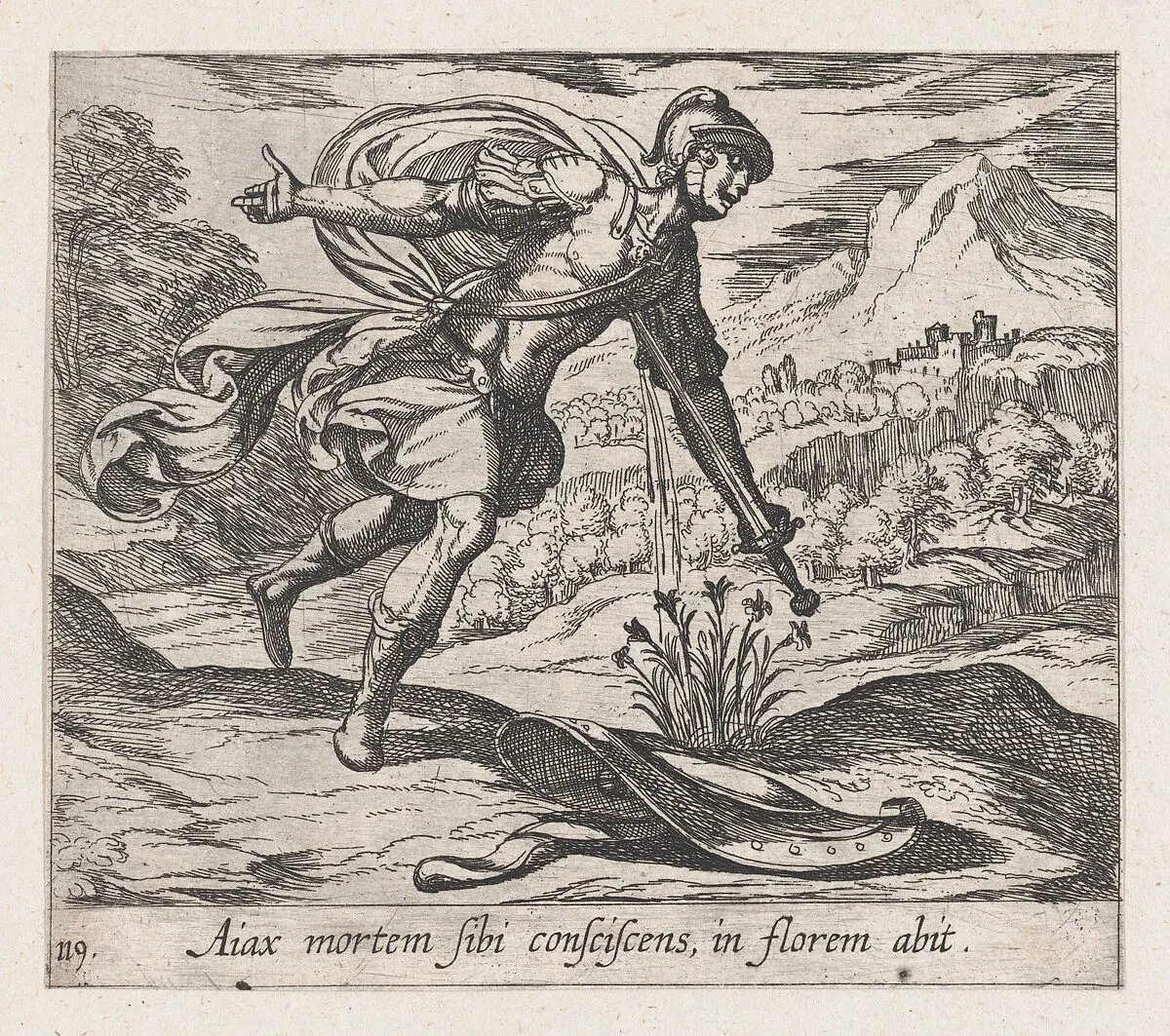 Plate119: The Death of Ajax (Aiax moretm Sibi consciscens, in florem abit), from Ovid's 'Metamorphoses' — Antonio Tempesta