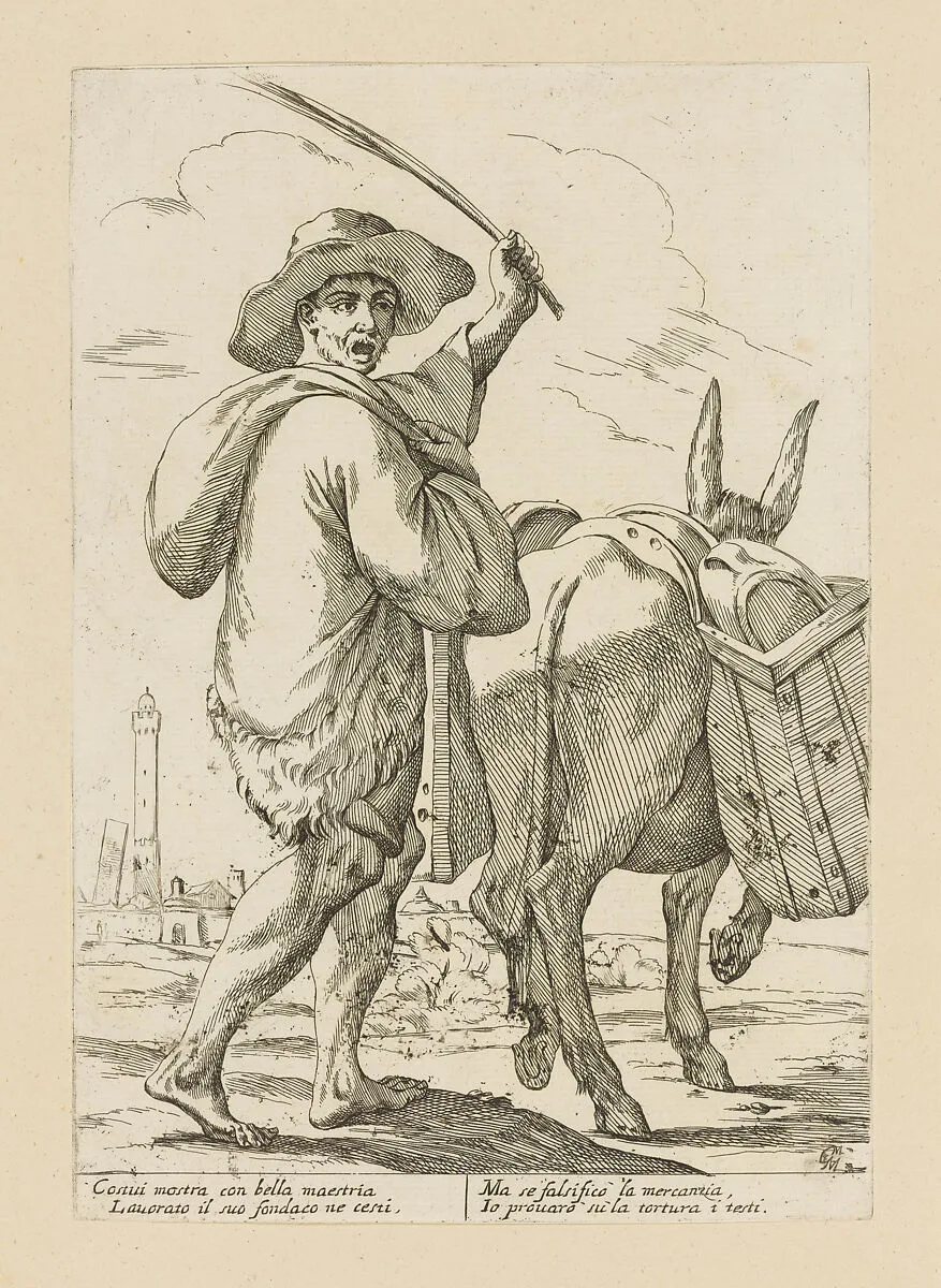 Man Driving a Donkey Laden with Pots, from Di Bologna l'Arti per via D'An.ibal' Ca.rac, plate 31 — Giuseppe Maria Mitelli|Annibale Carracci|Giovanni Giacomo De Rossi