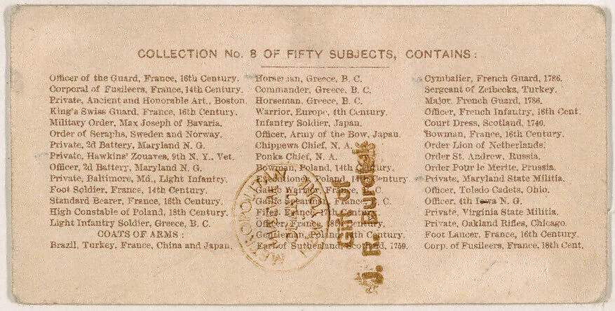 Example of one variety of card verso, from the Military Series (N224) issued by Kinney Tobacco Company to promote Sweet Caporal Cigarettes — Kinney Brothers Tobacco Company