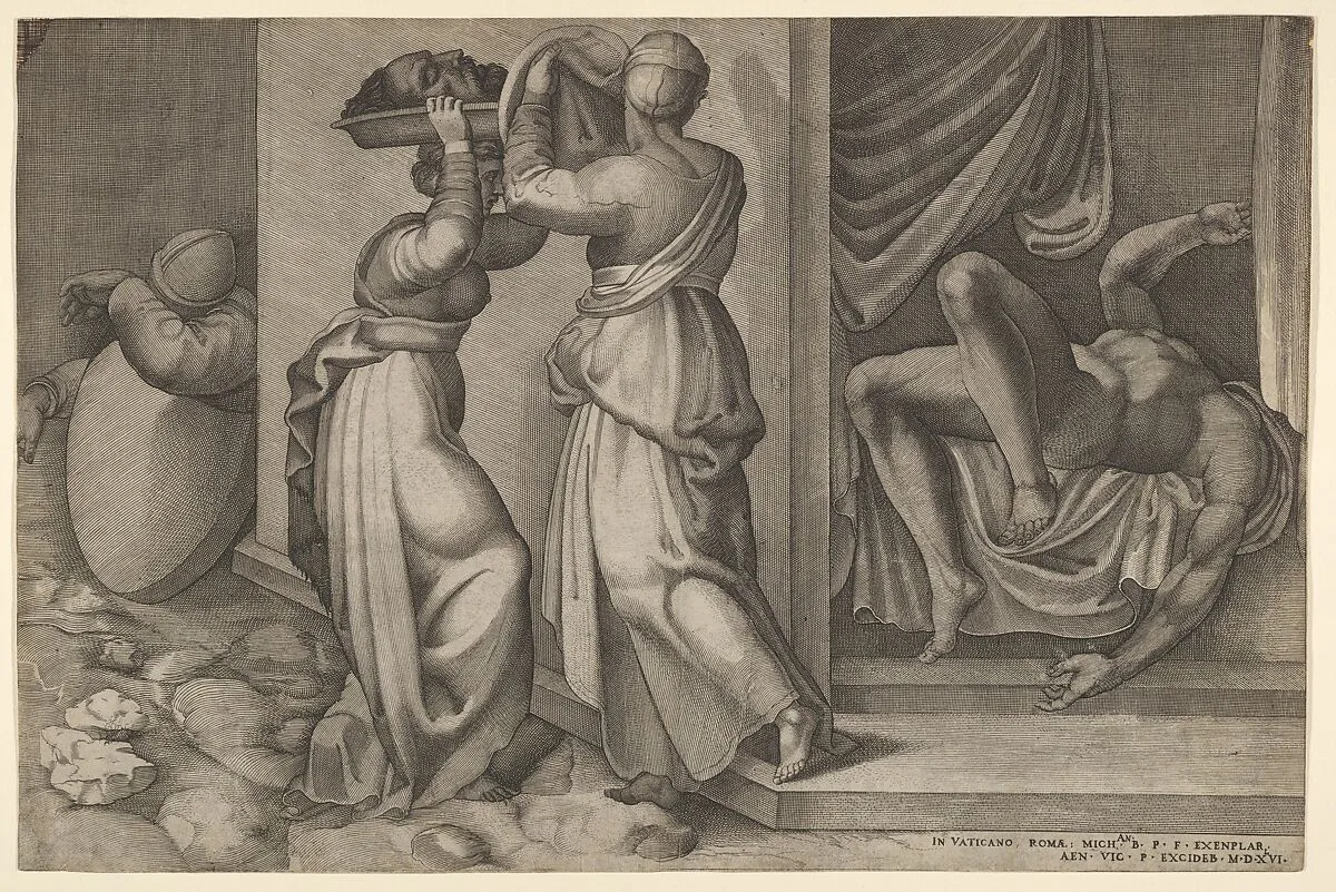 Judith giving the head of Holofernes on a platter, which is about to be covered with a cloth, to her servant, with the foreshortened, naked body of Holofernes at right — Enea Vico|Michelangelo Buonarroti