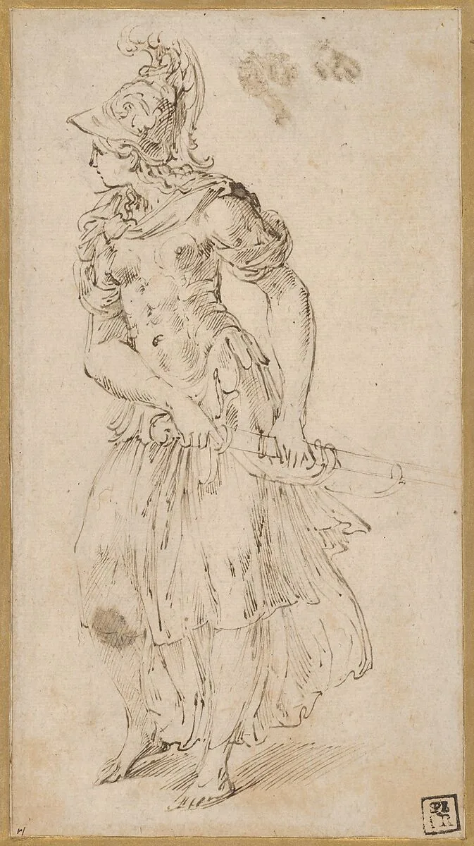 Standing Female Figure in Armor Drawing Her Sword (Minerva or Bellona) — Parmigianino (Girolamo Francesco Maria Mazzola)