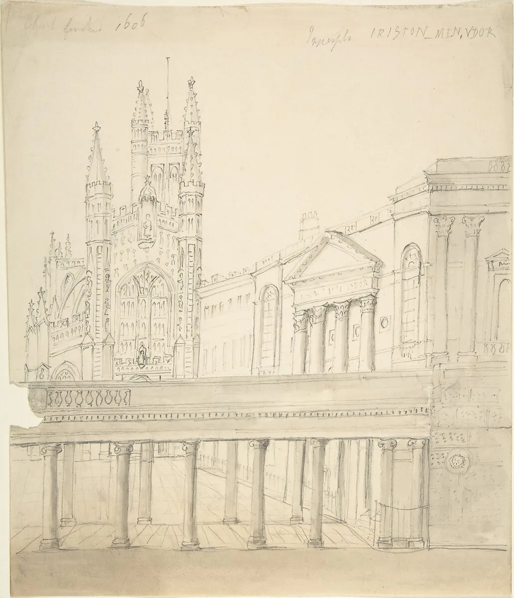 View of the Abbey and Great Pump Room at Bath, Through the Colonnade Added by Thomas Baldwin, 1786-9 — Anonymous, British, 19th century