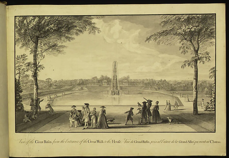 View of the Great Basin from the Entrance of the Great Walk to the House at Stowe, Buckinghamshire — Jacques Rigaud