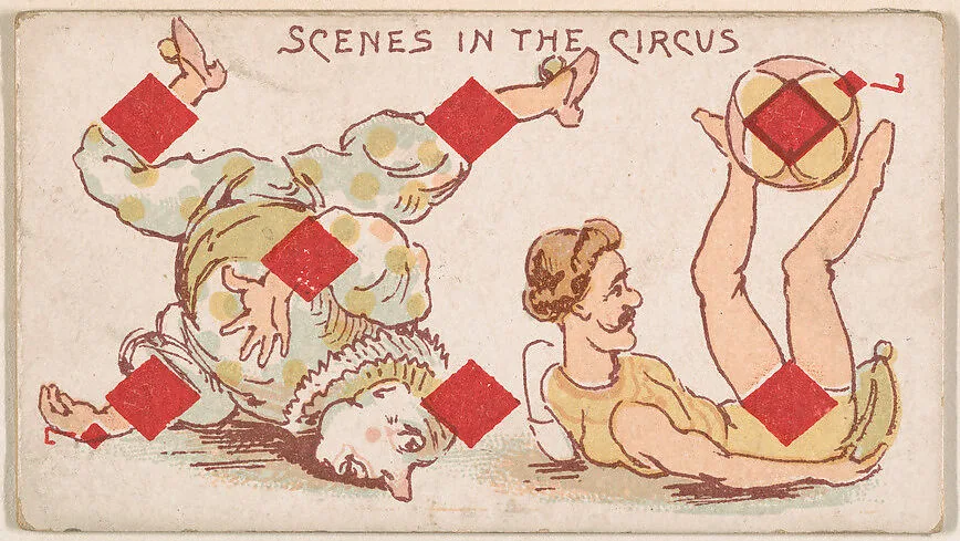 Seven of Diamonds, Scenes in the Circus, from Harlequin Cards, 2nd Series (N220) issued by Kinney Bros. — Kinney Brothers Tobacco Company