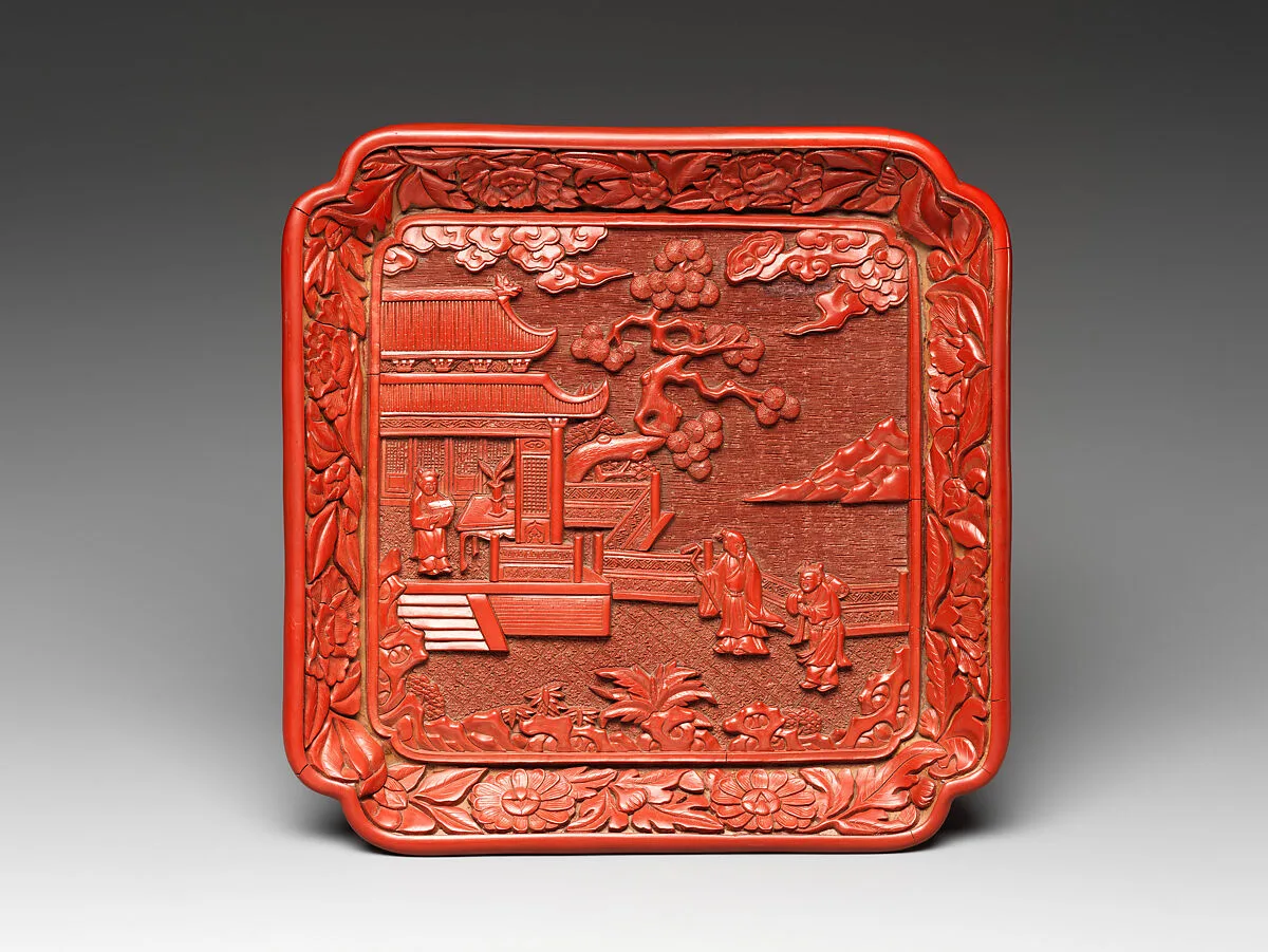 明早期 雕漆剔紅庭園高仕圖委角方盤|Square dish with figures in a garden — Unknown