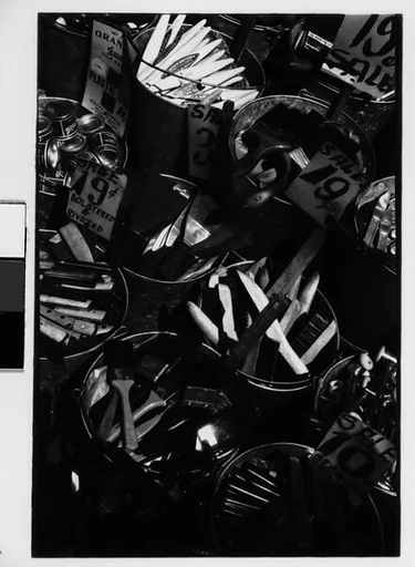 [Three 35mm Film Frames: Hardware Store Display of Paintbrushes in Buckets, Brooklyn, New York]