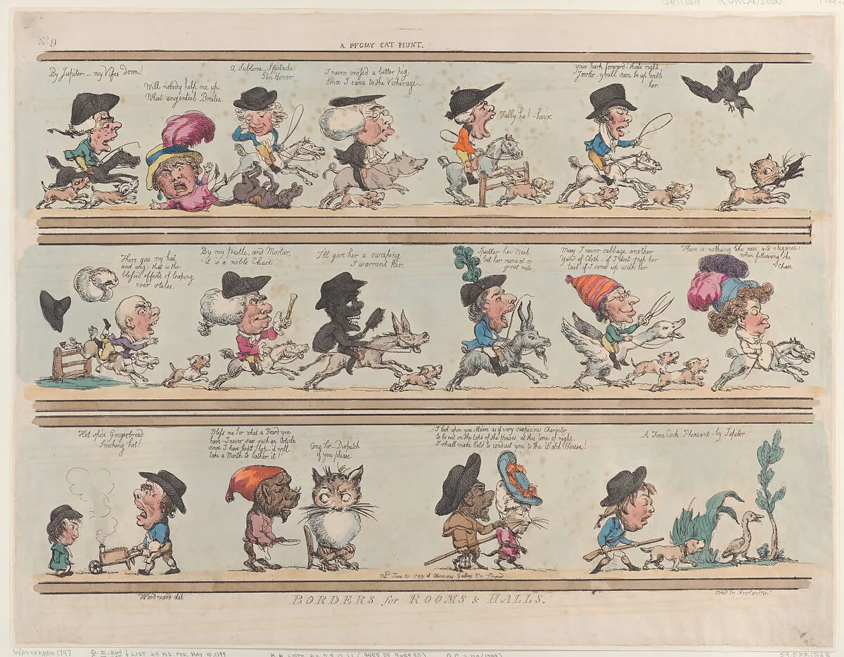 A Pygmy Cat Hunt, Borders for Rooms & Halls, Plate 9 — Thomas Rowlandson|Rudolph Ackermann, London|George Murgatroyd Woodward