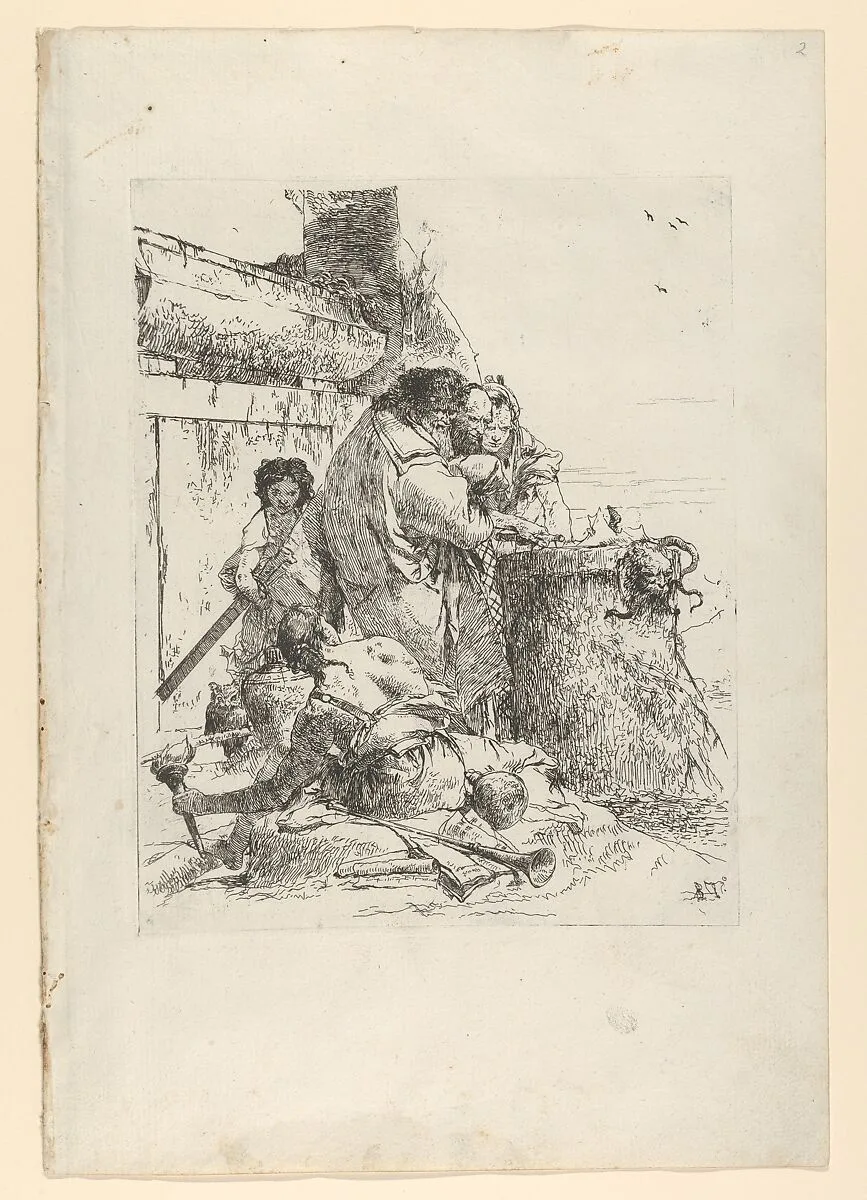 Three magicians burning a snake, from the Scherzi — Giovanni Battista Tiepolo