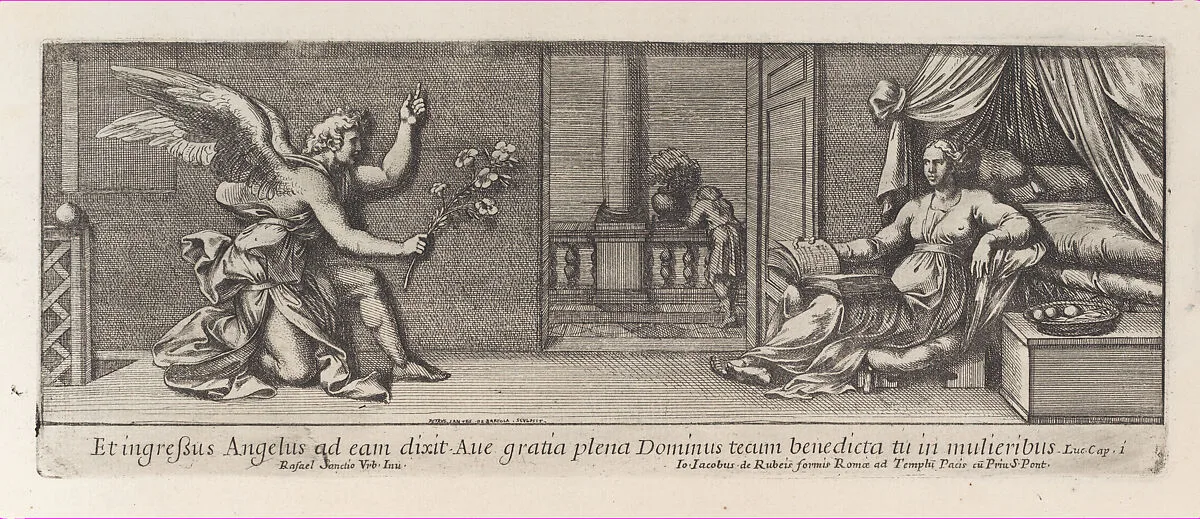 Simon Magus attempting to fly as Saints Peter and Paul, Emperor Nero, and two soldiers look on, from a series of 15 plates, depicting Raphael's works for the Vatican stanze and the Sistine Chapel tapestries — Pietro Santi Bartoli|Raphael (Raffaello Sanzio or Santi)|Giovanni Giacomo De Rossi