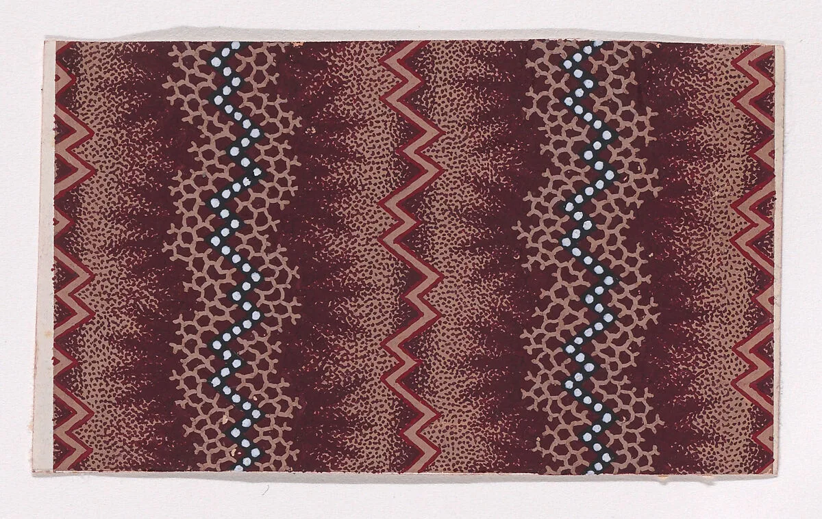 Textile Design with Alternating Vertical Zig-Zagging Strips and Pearls — Anonymous, Alsatian, 19th century