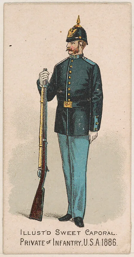 Private, Infantry, United States Army, 1886, from the Military Series (N224) issued by Kinney Tobacco Company to promote Sweet Caporal Cigarettes — Kinney Brothers Tobacco Company