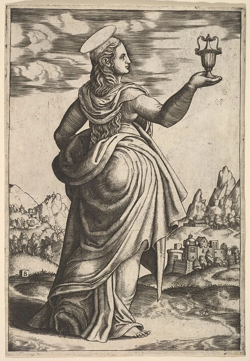 The Magdalene standing facing right, jar held in her raised right hand — Master of the Die
