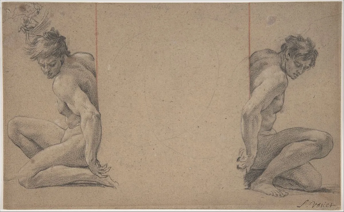 Two Crouching Nude Male Figures — Simon Vouet