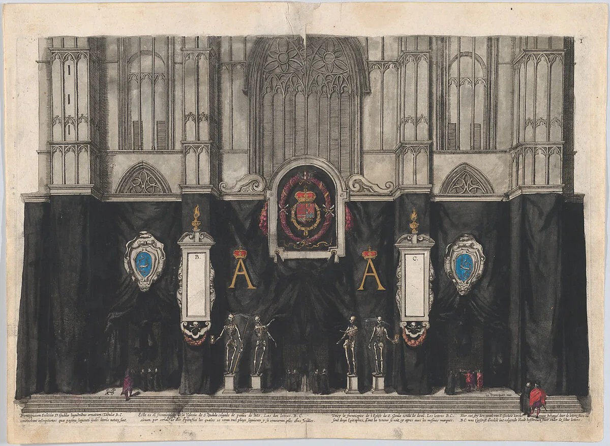 Plate 1: Figures gathered before a curtained wall, decorated with three armorials with the coat of arms and symbols celebrating Archduke Albert, four skeletons on pedestals at center, gothic facade in background; from 'Pompa Funebris ... Alberti Pii' — Jacques Francquart|Cornelis Galle I