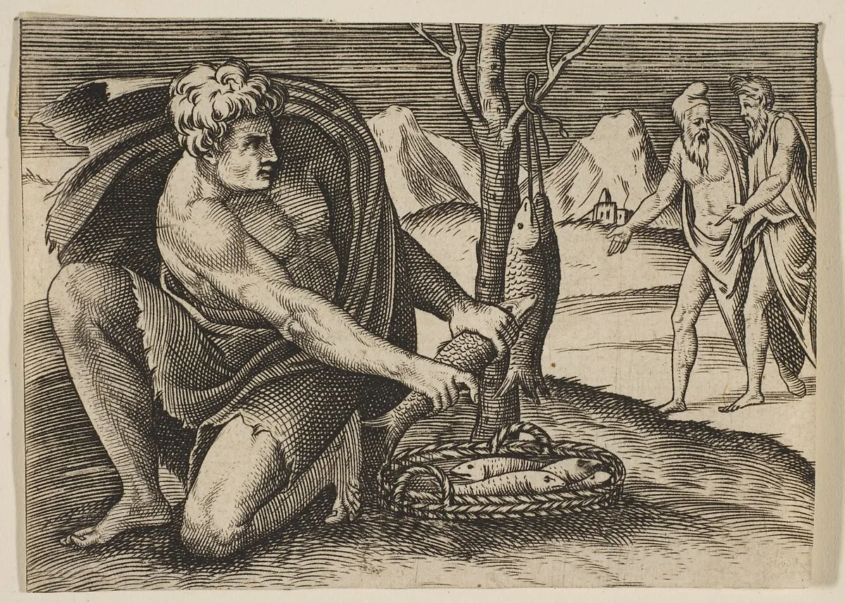A man kneeling next to a basket of fish and taking one with both hands, two men at right in the background — Marco Dente|Francesco Salviati (Francesco de' Rossi)