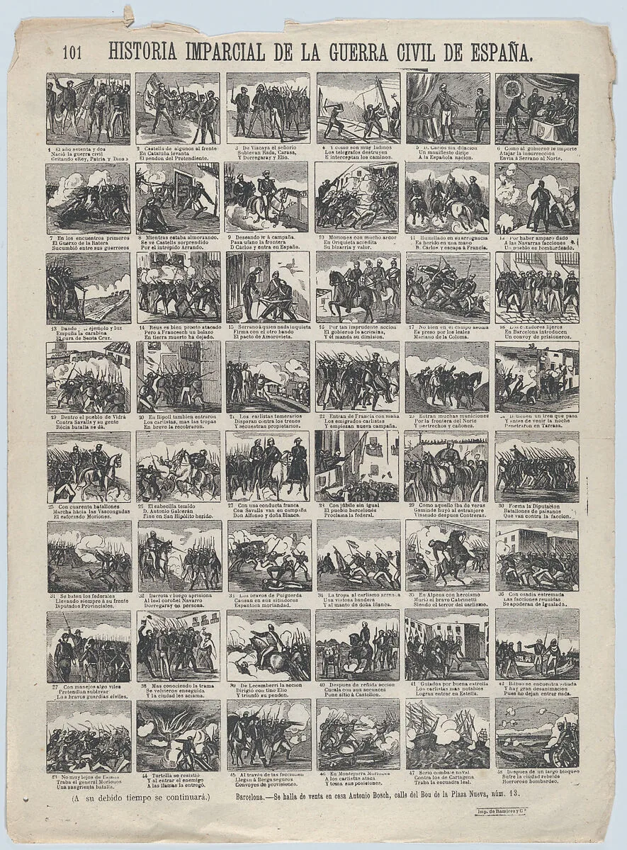 Broadside with 48 scenes telling the 'impartial' story of the civil war in Spain (Part 1) — Antonio Bosch|Narciso Ramirez