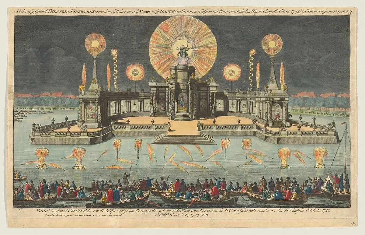 A View of ye Grand Theatre & Fireworks erected on ye Water near ye Court at ye Hague (on Occasion of ye General Peace concluded at Aix la Chapelle. Oct. 18. 1748) & Exhibited June 13, 1749 — Robert Laurie|James Whittle